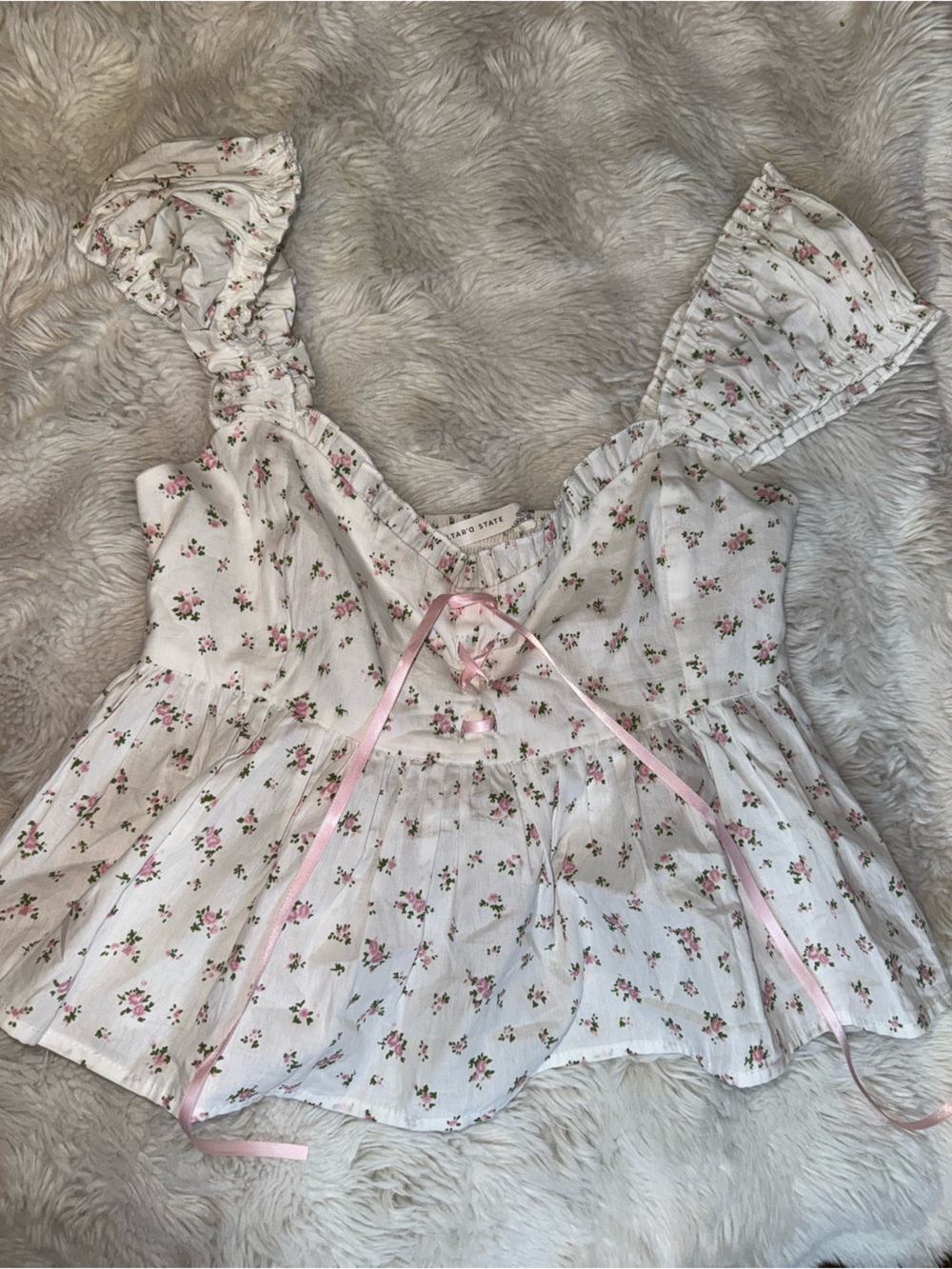Altar'd State White Floral Short Sleeve Top with Pink & Green Print